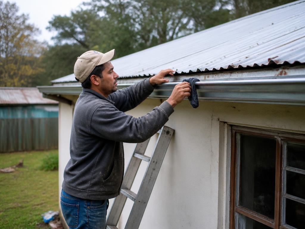 Profissional fazendo manutenção em calha de casa