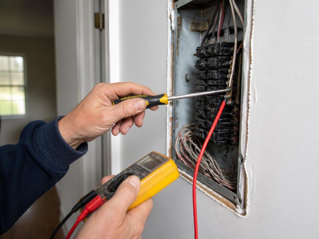 Profissional fazendo reparo elétrico em quadro de disjuntores