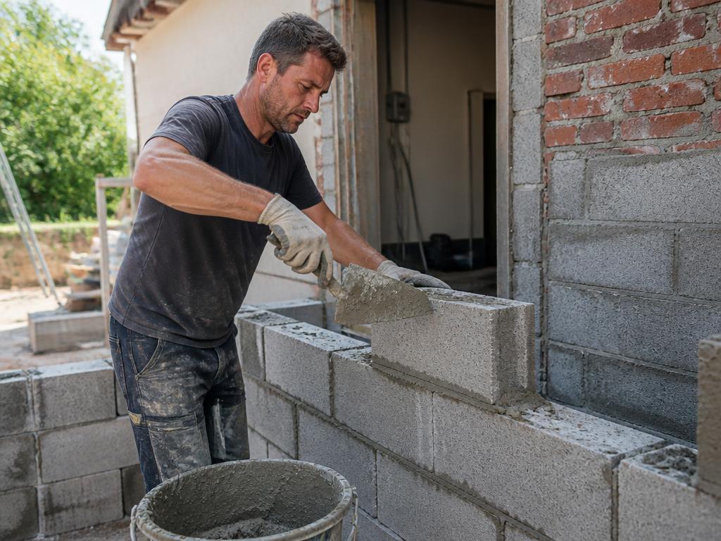 Pedreiro assentando blocos em pequena obra residencial