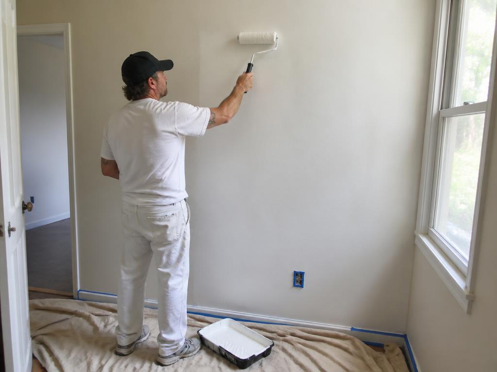 Pintor aplicando tinta em parede de ambiente residencial